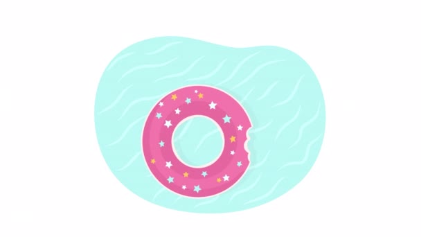 Geanimeerde Drijvende Donut Het Water Zwembad Opblaasbare Ring Platte Scene — Stockvideo