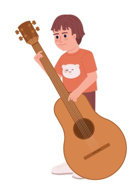 Küçük çocuk yarı düz renk vektör karakter gitar çalmayı öğreniyor. Düzenlenebilir figür. Beyazın üzerinde tam vücut insan. Web grafik tasarımı ve animasyonu için basit çizgi film tarzı benek çizimi