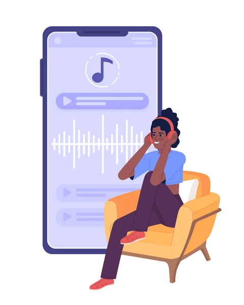 Mujer Joven Escuchando Podcast Para Autoestima Plana Concepto Vector Spot — Vector de stock