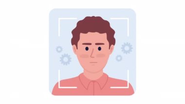 Animasyon biyometrik yüz tanıma. Makine öğrenimi. Bilgisayar görüşü. 2D çizgi film düz karakter 4K video görüntüsü alfa kanal şeffaflığı ile beyaz üzerine. Web tasarımı için konsept animasyonu