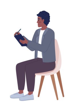 Pano yarı düz renk vektör karakterine erkek röportajcı yazısı. Düzenlenebilir figür. Beyazın üzerinde tam vücut insan. Web grafik tasarımı ve animasyonu için basit çizgi film tarzı benek çizimi