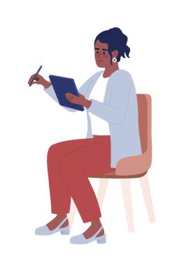 Tablet aygıtı yarı düz renk vektör karakterli kadın sorgucu. Düzenlenebilir figür. Beyazın üzerinde tam vücut insan. Web grafik tasarımı ve animasyonu için basit çizgi film tarzı benek çizimi