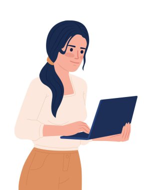 Düşük atkuyruklu bir kadın dizüstü bilgisayarı yarı düz renk vektör karakteriyle tutuyor. Düzenlenebilir figür. Yarı insan yarı beyaz. Web grafik tasarımı ve animasyonu için basit çizgi film tarzı benek çizimi