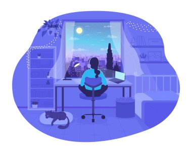 Lo-fi düz konsept vektör çizimi üzerinde çalışıyor. Geceleri ödev yapan bir kız. Karikatür izole edilmiş arka planda düz 2D karakterli flaş mesaj. Mobil, web sitesi UX tasarımı için renkli düzenlenebilir resim