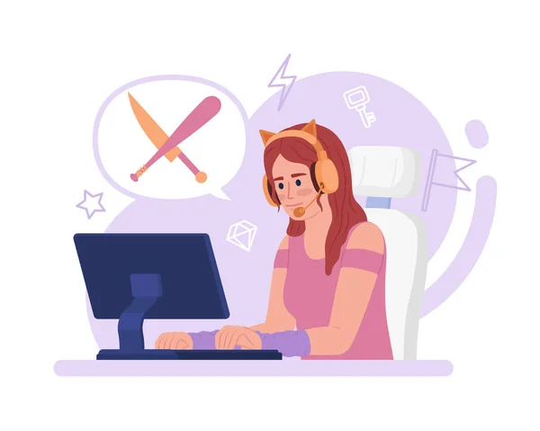 Esport Vektör Izole Edilmiş Nokta Illüstrasyonunda Kadın Çevrimiçi Oyuncu Kulaklıkçı — Stok Vektör