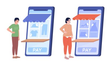 Ekommerce sitesi düz konsept vektör nokta illüstrasyon setinde ödeme. Web tasarımı için beyaz üzerine düzenlenebilir 2D çizgi film karakterleri. İnternet sitesi ve cep telefonu için çevrimiçi yaratıcı fikirler. Kullanılan bataklık yazı tipi