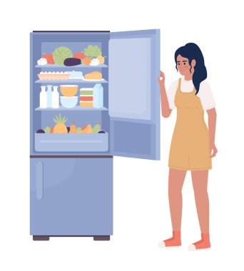 Genç bir kadın buzdolabının kapısını açıyor. Yarı düz renk vektör karakteri. Düzenlenebilir figür. Beyazın üzerinde tam vücut insan. Web grafik tasarımı ve animasyonu için basit çizgi film tarzı benek çizimi