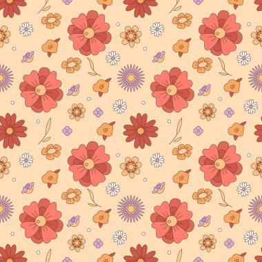 Geçmişe dönük çiçekli süslemeler, dikişsiz desenli arka plan. Tam olarak düzenlenebilir 2D düz renk çizimi. Moda çizgi film vektör grafikleri. Tekstil, kumaş, duvar kağıdı tasarımı için yaratıcı arkaplan resmi