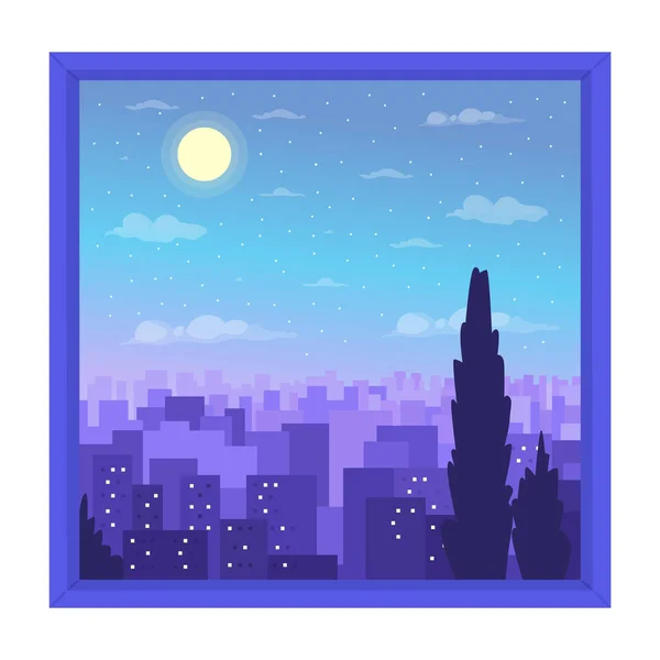 Nighttime Cityscape View Window Semi Flat Color Vector Icon Editable — Stock Vector
