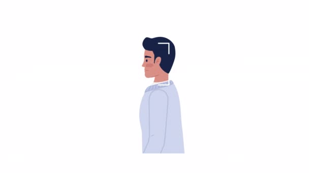 アニメーションスキャン顔機能 組織スタッフの識別システム アルファチャンネル透過性のあるフラットキャラクターアニメーション白背景 カラー漫画スタイル4Kビデオ映像 — ストック動画