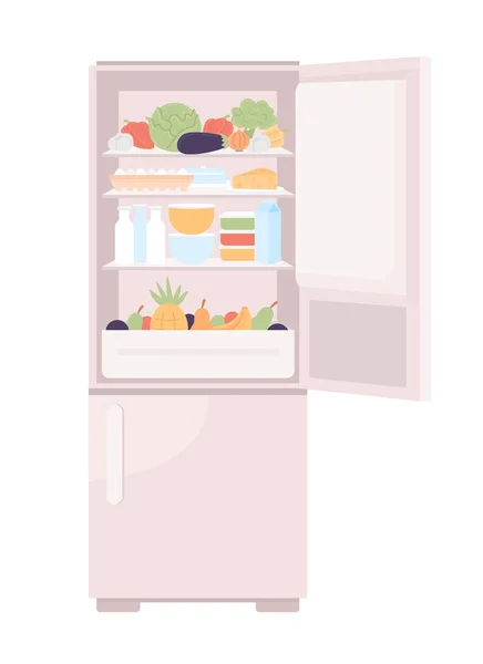 Sağlıklı Yiyeceklerle Dolu Açık Buzdolabı Yarı Düz Renk Vektör Nesnesi — Stok Vektör