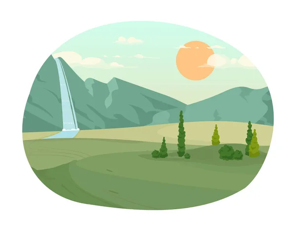 Peaceful mountain valley in daytime 2D vector isolated spot illustration. Waterfall in park location flat landscape on cartoon background. Colorful editable scene for mobile, website, magazine