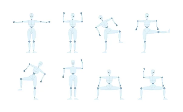 人形机器人的舞步半扁平的彩色矢量字符束 可编辑的全身人面像白色 用于网页平面设计和动画的简单卡通风格点画包 — 图库矢量图片
