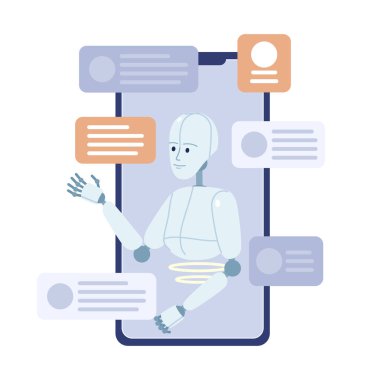 Cep telefonunun düz konsept nokta çiziminde yapay zeka asistanı. Düzenlenebilir 2D karikatür aygıtı, web tasarımı için beyaz üzerine karakter. Web sitesi ve mobil uygulama için ses komutları yaratıcı fikir