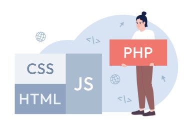 Web sitesi geliştirme süreci düz konsept vektör nokta çizimi. Web tasarımı için düzenlenebilir 2D çizgi film karakteri. Programlama dilleri seçmek yaratıcı bir fikir. Kullanılan Uygun Orta Yazıtipi