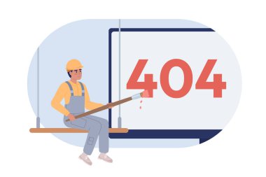 Bakım vektörü boş durum çizimi altında yer al. Düzenlenebilir 404 UX, UI tasarımı için sayfa bulunamadı. Çizgi film arkaplanındaki düz karakter. Renkli web sitesi hatası flaş mesajı. Kullanılan Giysi Kalın yazı tipi