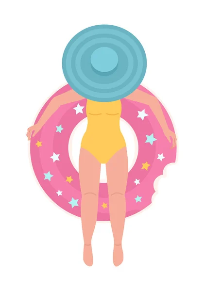 Senhora Chapéu Que Encontra Anel Inflável Donut Caráter Semi Plano — Vetor de Stock