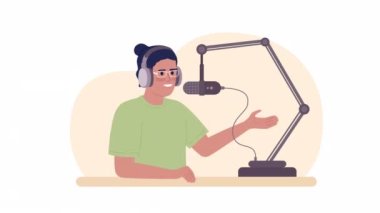 Animasyon kişisel podcast. Kayıt ekipmanlarıyla muhabir. Daire 2D karakter 4K video görüntüleri. Web tasarımı, web sitesi, sosyal medya için alfa kanal şeffaflığı ile renk izole animasyonu
