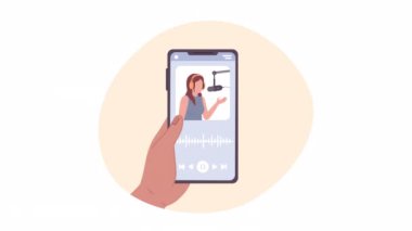 Canlandırılmış podcast yazılımı. Canlı yayında akıllı telefonu tutuyor. Daire 2D karakter 4K video görüntüleri. Web tasarımı için alfa kanal şeffaflığı ile renk izole animasyonu, web sitesi