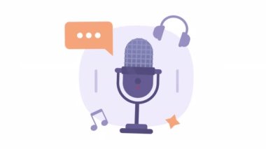 Animasyon podcast mikrofonu. Yorumlar, şarkılar. Yorumculuk işi. 2D karikatür düz simge 4K video görüntüsü alfa kanal şeffaflığı ile beyaz üzerine. Web tasarımı için konsept animasyonu