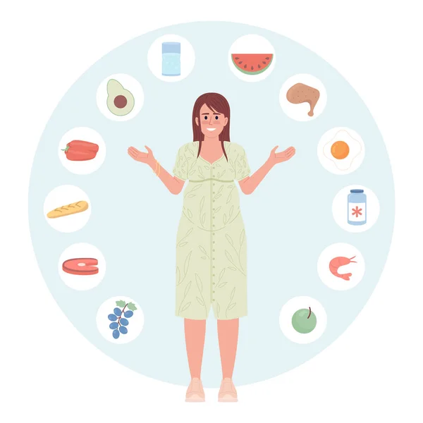 妊娠フラットコンセプトベクトルのイラストの間に健康的な食事 ウェブデザインのための白の編集可能な2D漫画のキャラクター 妊娠中の女性のための栄養食ウェブサイト モバイルアプリのための創造的なアイデア — ストックベクタ