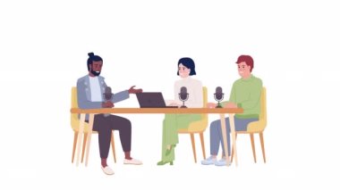 Animasyon üç kişilik podcast kurulumu. Sunucular ünlü konuklarla röportaj yapıyor. Beyaz arkaplanda alfa kanal şeffaflığıyla düz karakterler canlandırması. Renkli çizgi film stili 4K video görüntüleri