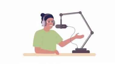 Canlandırılmış kendi podcast 'ini başlatıyor. Kayıt cihazlı erkek radyo sunucusu. Beyaz arkaplanda alfa kanal şeffaflığıyla düz karakter animasyonu. Renkli çizgi film stili 4K video görüntüleri