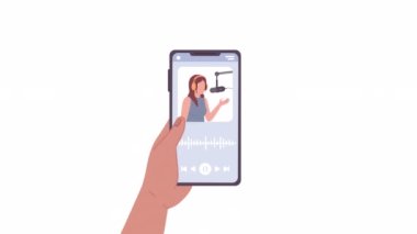 Podcast 'lere abone olmak. Akımlı telefondan el ele tutuşmak. Beyaz arkaplanda alfa kanal şeffaflığıyla düz karakter animasyonu. Renkli çizgi film stili 4K video görüntüleri