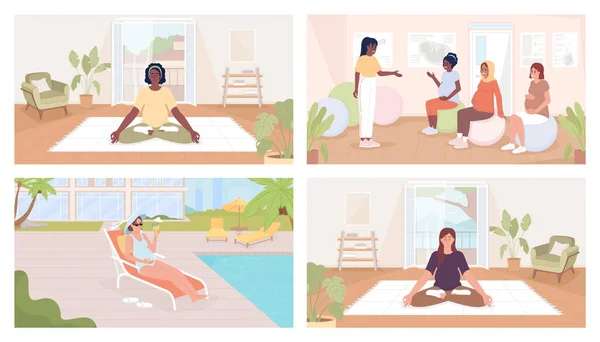 怀孕期间放松活动平面彩色图像包 瑜伽和健身 英雄形象 完全可编辑的2D简单卡通人物系列 背景位置舒适 — 图库矢量图片
