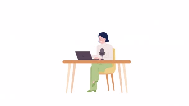 インタビューの上でアニメポッドキャストホスト マイク付きのスタイリッシュな女性がテーブルに座っている アルファチャンネル透過性を持つ白い背景にフラットキャラクターアニメーション カラー漫画スタイル4Kビデオ映像 — ストック動画