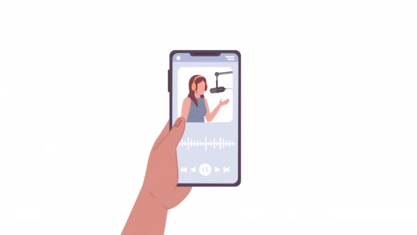 Main Animée Tenant Téléphone Portable Lecture Podcast Sur Smartphone Animation — Video