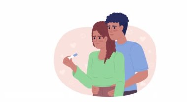 Animasyon hamile çift. Hamilelik testi sırasında yardımcı koca. Düz 2D karakterler 4K video görüntüleri. Web tasarımı, web sitesi, sosyal medya için alfa kanal şeffaflığı ile renk izole animasyonu