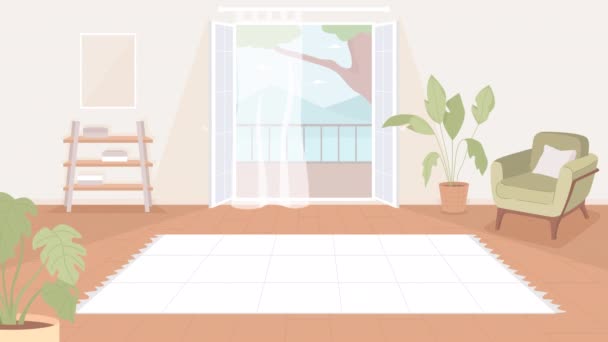 Анимированная Просторная Гостиная Одеяло Медитации Плоский Цвет Мультфильм Анимации Интерьера — стоковое видео