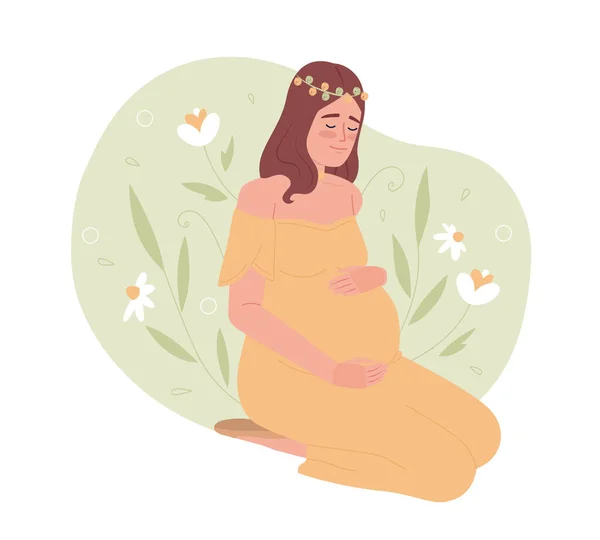 妊娠期情感支持2D载体孤立点图解 卡通片背景的花冠平坦的怀孕妇女 杂志等多彩的可编辑场景 — 图库矢量图片