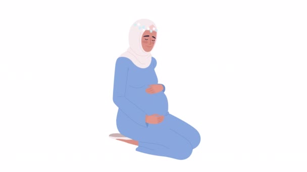 Animovaná Těhotná Žena Šátkem Skromná Dáma Opatrně Hladí Břicho Plochá — Stock video