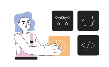 Web sitesi oluşturucu çizgisi konsept vektör çizimi. Web tasarımı için beyaz üzerine düzenlenebilir 2D düz çizgi film karakteri. Programcı geliştirici. Web sitesi, cep telefonu, blog için yaratıcı çizgi sanatı fikri