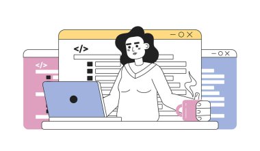 Kod işi çizgisi konsept vektör çizimi çizimi yazılıyor. Web tasarımı için beyaz üzerine düzenlenebilir 2D düz çizgi film karakteri. Web sitesi, mobil, blog için uygulamalar, yazılım programlama yaratıcı çizgi sanatı fikri