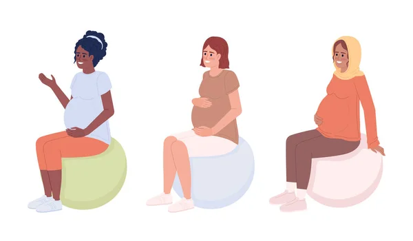 Těhotné Ženy Pomocí Porodní Koule Semi Ploché Barvy Vektorové Znaky — Stockový vektor