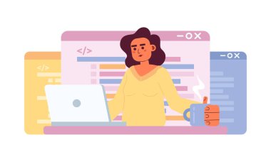 Kod işi düz konsept vektör nokta çizimi yazılıyor. Web tasarımı için düzenlenebilir 2D çizgi film karakteri. Uygulamalar, yazılım programlama yaratıcı fikri web sitesi, cep telefonu, dergi