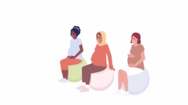 Zıplayan toplarda hareketli kadınlar. Hamile kadınlar spor aletleri kullanıyor. Beyaz arkaplanda alfa kanal şeffaflığıyla düz karakterler canlandırması. Renkli çizgi film stili 4K video görüntüleri