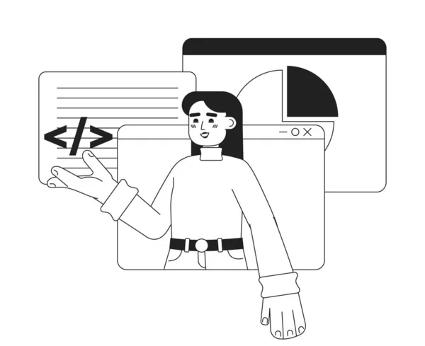 Web開発オンラインコース黒と白の概念ベクトルスポットイラスト ウェブデザインのための編集可能な2Dフラットモノクロ漫画のキャラクター ウェブサイト モバイル ブログのための創造的なラインアートのアイデア — ストックベクタ