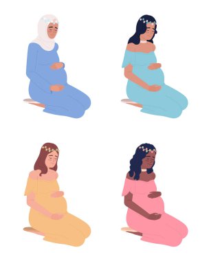 Bekleyen kadınlar sabırla bebek yarı düz renk vektör paketleri bekliyor. Kurgulanabilir tüm vücutlu insanlar beyaza. Web grafik tasarımı ve animasyonu için basit çizgi film stili resimleme seti