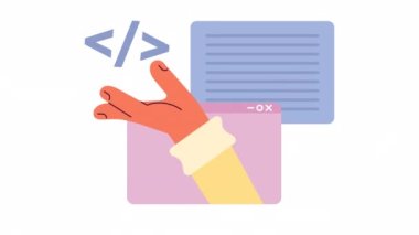 Animasyon oluşturma web sitesi betiği. Web sayfaları kaynak kodu. Programlama. 2D çizgi film düz karakter el 4K video görüntüleri alfa kanal şeffaflığı ile beyaz üzerine. Web tasarımı için konsept animasyonu
