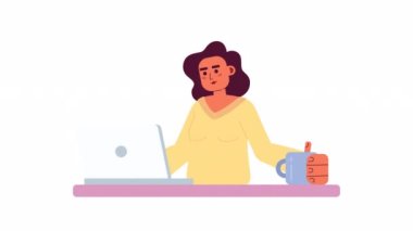 Animasyon yazma işi. Uygulamalar, yazılım programlama. Dizüstü bilgisayarlı kadın. 2D çizgi film düz karakter 4K video görüntüsü alfa kanal şeffaflığı ile beyaz üzerine. Web tasarımı için konsept animasyonu
