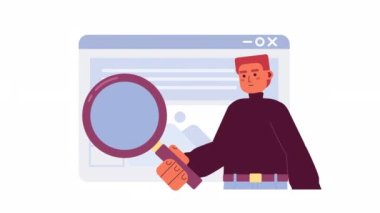 Animasyon hata ayıklama uygulaması. Yazılım geliştirici test uygulaması. 2D çizgi film düz karakter 4K video görüntüsü alfa kanal şeffaflığı ile beyaz üzerine. Web tasarımı için konsept animasyonu