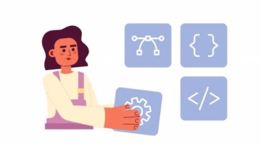 Animasyon web sitesi yapımcısı. Kadın programcı geliştirici. Web inşaatı. 2D çizgi film düz karakter 4K video görüntüsü alfa kanal şeffaflığı ile beyaz üzerine. Web tasarımı için konsept animasyonu