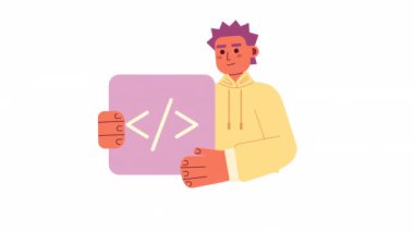 Animasyon profesyonel programcı. Kodlama yetenekleri. Yazılım geliştirme işi. 2D çizgi film düz karakter 4K video görüntüsü alfa kanal şeffaflığı ile beyaz üzerine. Web tasarımı için konsept animasyonu