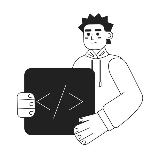 コンピューター コーダーは白黒のコンセプト ベクトル スポット イラストを担当 ウェブデザインのための編集可能な2Dフラットモノクロ漫画のキャラクター ウェブサイト モバイル ブログのためのソフトウェア開発者の創造的なラインアートアイデア — ストックベクタ