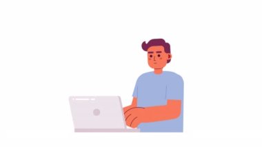Animasyon erkek programcı işi. Sorun çözme. Kodlama işlemi. Beyaz arkaplanda alfa kanal şeffaflığıyla düz karakter animasyonu. Web tasarımı için renkli çizgi film biçimi 4K video görüntüleri