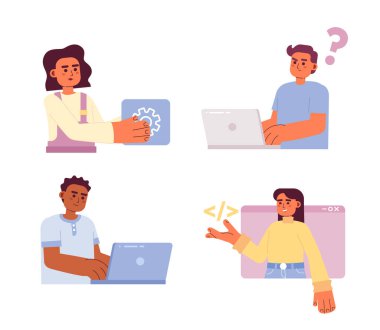 IT endüstrisinde çalışan programcılar yarı düz renk vektör karakterleri seti. Düzenlenebilir figürler. Beyazın üstüne tüm vücudu olan insanlar. Web grafik tasarımı ve animasyonu için basit çizgi film stili illüstrasyon paketi